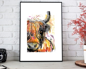 Cow farm yard printable wall art A3 size print at home: Highland cattle