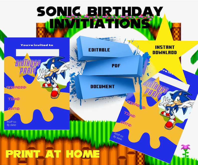 Unofficial S0nic the Hedgehog Sonic party invitations printable invites printable party invitations kids party invitations