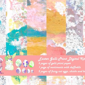 May include: Digital kit for creating Easter crafts. Includes 6 pages of colorful abstract gelli print paper, 1 page of sentiments with daffodils, and 2 pages of fussy cut eggs, chicks, and bunnies.