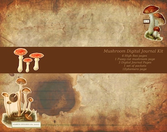 Earthy Mushroom digital paper kit with fussy cuts, journal pages and ephemera