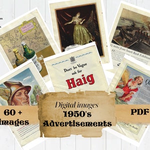 Anúncio vintage dos anos 1950, imagens digitais, arquivos PDF, perfeito para diários indesejados e coisas efêmeras artesanais, mais de 60 imagens digitalizadas