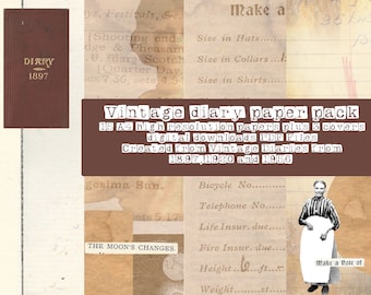 Vintage Diary Digital Paper Pack: Junk Journal Scrapbook (Digital Download)