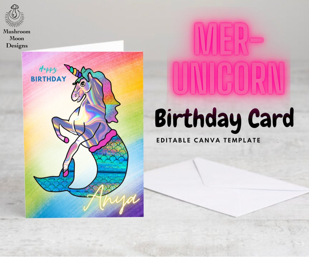 Mermaid Unicorn, Editable Birthday Card Front, Canva Template Link ...
