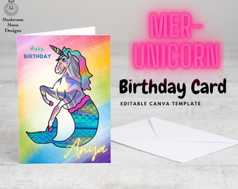 Mermaid unicorn, editable birthday card front, Canva template link, Print at home birthday card design