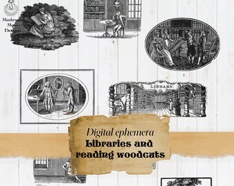 Vintage Library, woodcut, reading themed digital ephemera kit with Transparent PNGs, black and white png and colour png files