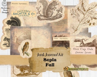 May include: A digital collage kit for junk journaling with a sepia tone and fall theme. The kit includes images of squirrels, owls, leaves, and text that says "Junk Journal Kit Sepia Fall" and "Over Cup Oak. Quercus lyrata."