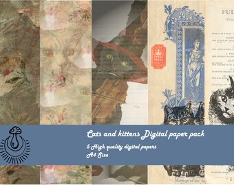 Cats and Kittens Digital paper kit, vintage style papers for journals