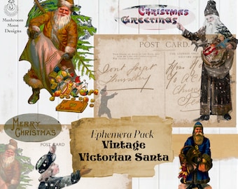 Vintage Victorian Santa digital Ephemera pack, Victorian Christmas, Victorian Junk journal, Christmas junk journal ephemera