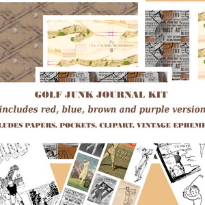 Golf Junk Journal Kit in mehreren Farben mit Clipart, pingeligen Schnitten, Papieren, Taschen und Ephemera