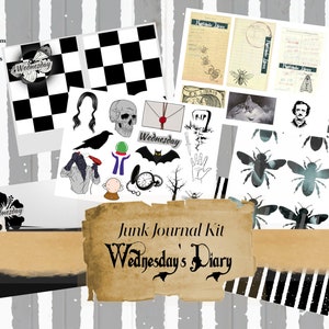 Wednesday's Diary, Wednesday inspired gothic themed digital paper kit with fussy cuts, journal pages and ephemera image 1