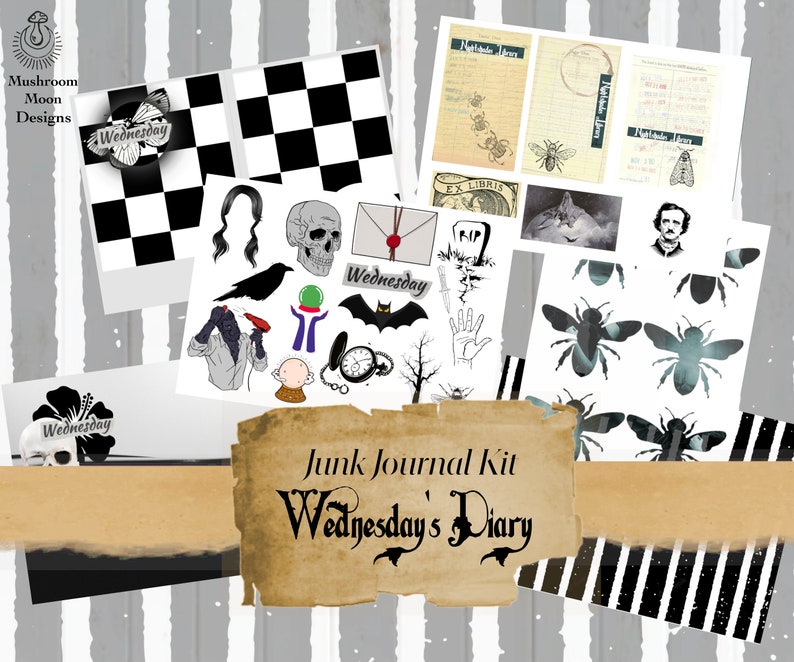 Wednesday's Diary, Wednesday inspired gothic themed digital paper kit with fussy cuts, journal pages and ephemera image 1