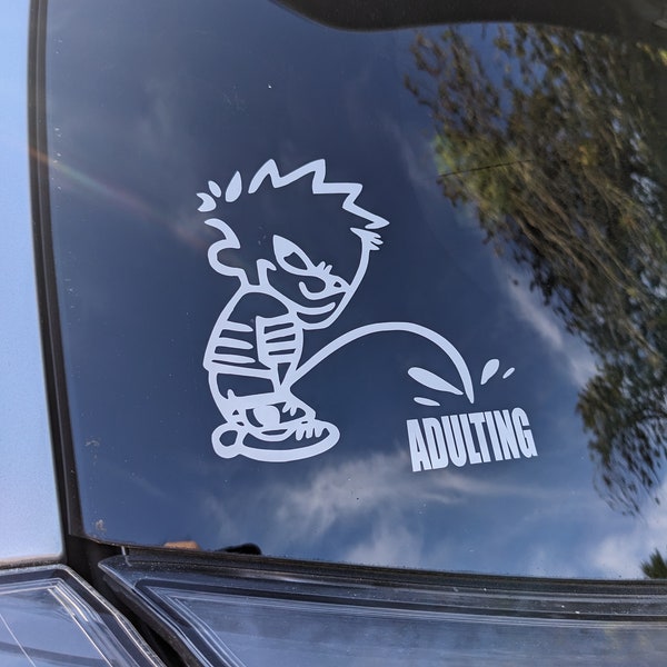 Piss on Adulting Cartoon Decal Permanent Vinyl Bumper Sticker Car Truck Funny Humor Retirement Gift Vacation Adulting Sucks Pee on Adulting