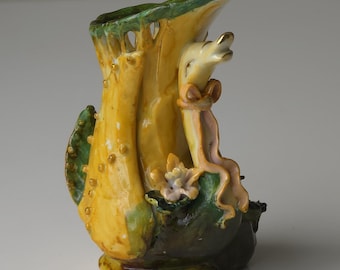 Art Nouveau Majolica Vase – Vintage Glazed Bird Pottery