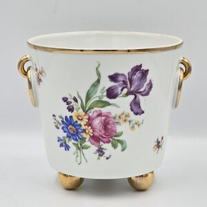 Vintage Karlskrona Porcelain Cachepot Planter with Gold Ball Feet | Mid-Century Swedish Footed Flowerpot Vessel Model 1049/95 |