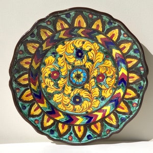 Vintage sgraffito-aardewerk wandbord | Italiaanse bloemen en volkskunstdecoratie