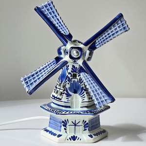 Vintage Delft Blue Windmill Lamp – Holland Ceramic Table Light