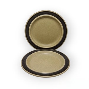 May include: Two brown ceramic plates with a black rim. The plates are stacked on top of each other.