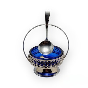 Vintage Hand Made Crystal Brama Cobalt Blue Glass Sugar Bowl With a Spoon | Made in England |