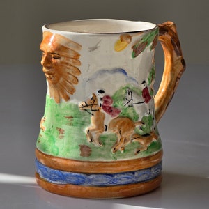 Antique Arthur Wood Hand-Painted Fox Hunting Scene Tankard with Raised Sun Face - Made in England