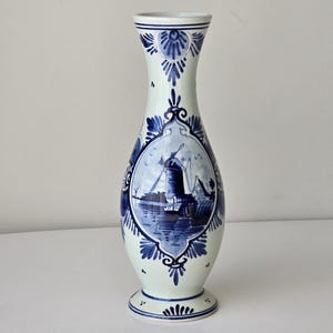 Vintage Delft Blue Hand-Painted Vase with Windmill Scene |