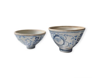 アンティーク中国陶器ボウル：青い花柄の重ね皿（2枚セット） - Etsy 日本