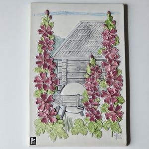 Vintage Jie Gantofta Sweden Ceramic Wall Plaque by Aimo Nietosvuori – Cottage Scene with Hollyhocks