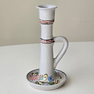 Vintage Hand-Painted Floral Ceramic Candlestick Holder | Folk Art Chamberstick | Boho Cottagecore Decor