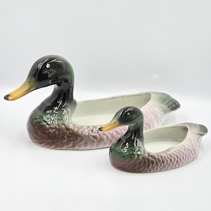 Cache-pots canard en céramique vintage du Portugal | Cache-pot canard colvert en faïence de style milieu du XXe siècle |