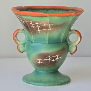Vintage Art Deco Twin-Handled Vase – Bold Green and Orange Design