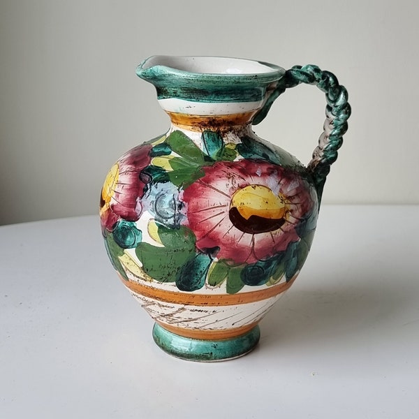 Vintage Italian Sgraffito Pottery Pitcher/Vase | Hand Painted Floral Pattern | Folk Art | Home Decor |