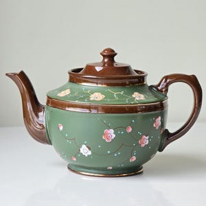 Vintage Hand-Painted Teapot | Green & Brown Floral Pottery | Cottagecore Kitchen Decor | Collectible Tea Pot