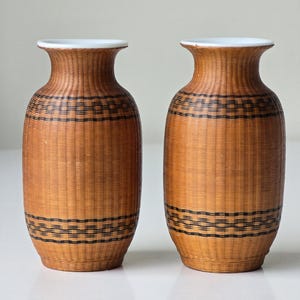 Pair of Vintage Rattan-Woven Bamboo Chinese Porcelain Vases