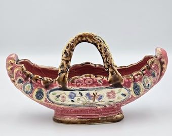 Antique Italian Majolica Basket | Hand-Painted Floral Centerpiece