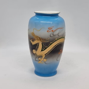 Vintage Blue Porcelain Vase Gold Painted Dragon | Made in Japan |