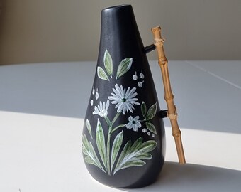 竹製ハンドル付きヴィンテージ Ravnild 陶器花瓶 | ミッドセンチュリー