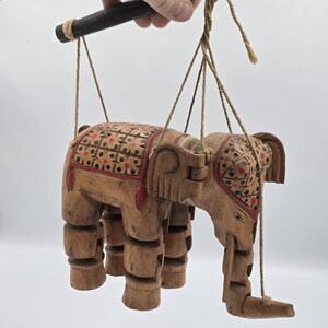 Vintage Indonesian Wooden Elephant Puppet | Hand Carved Articulated Marionette | Folk Art Decor | Bali Java Elephant Figure