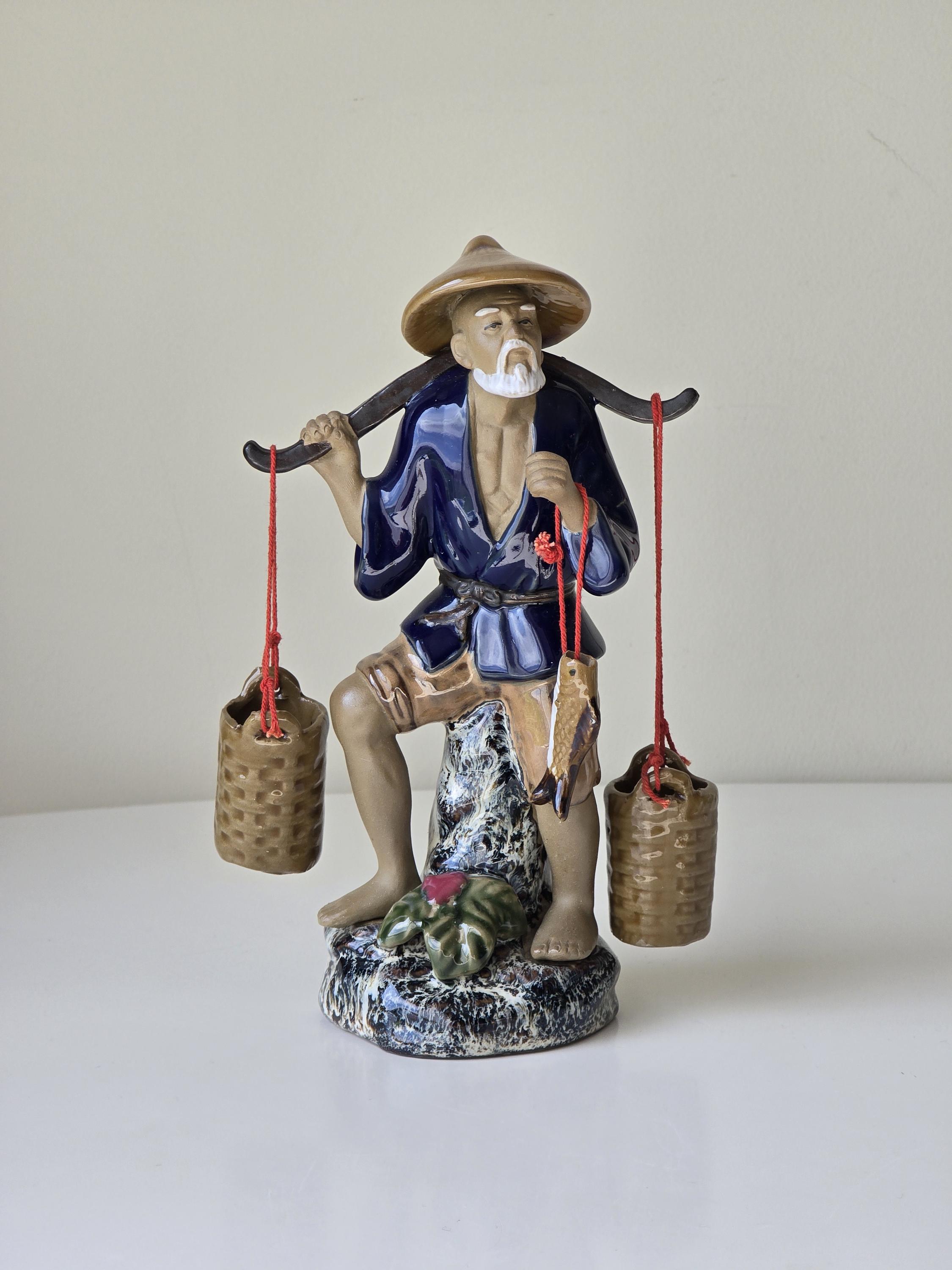 Vintage Chinese Shiwan Mudman Fisherman with Buckets – Handcrafted Ceramic Figurine
