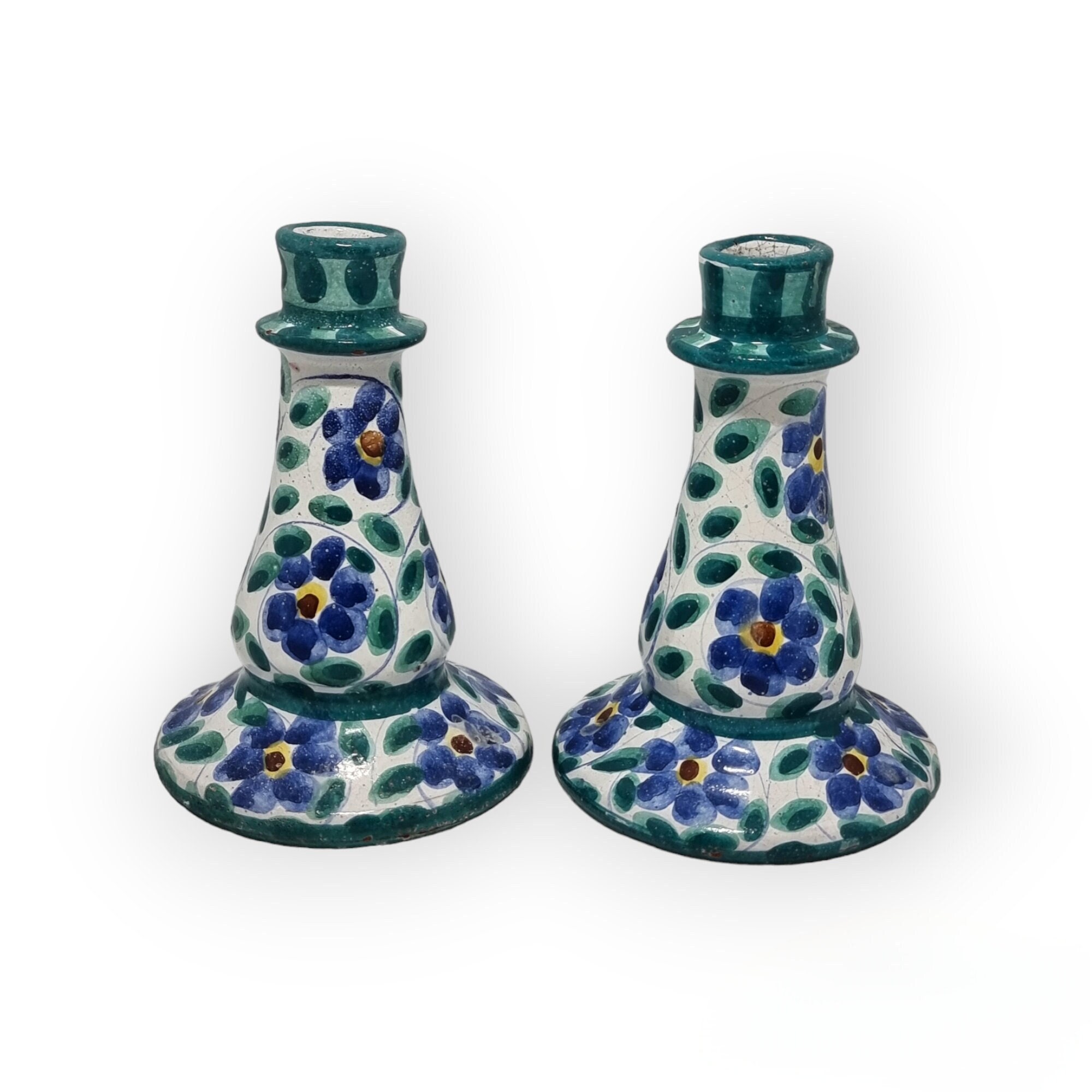 Paire De Bougeoirs En Poterie Fapodel (Portugal) – Multicolore – Moderne – Réf 2430