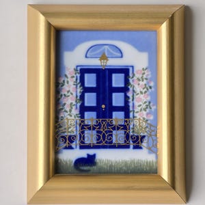 Vintage Porsgrund Porcelain Wall Art – Blue Door Scene by Anne-Marie Ødegaard – Made in Norway
