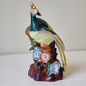 Vintage Hand-painted Porcelain Peacock Figurine with Gold Accents & Floral Details