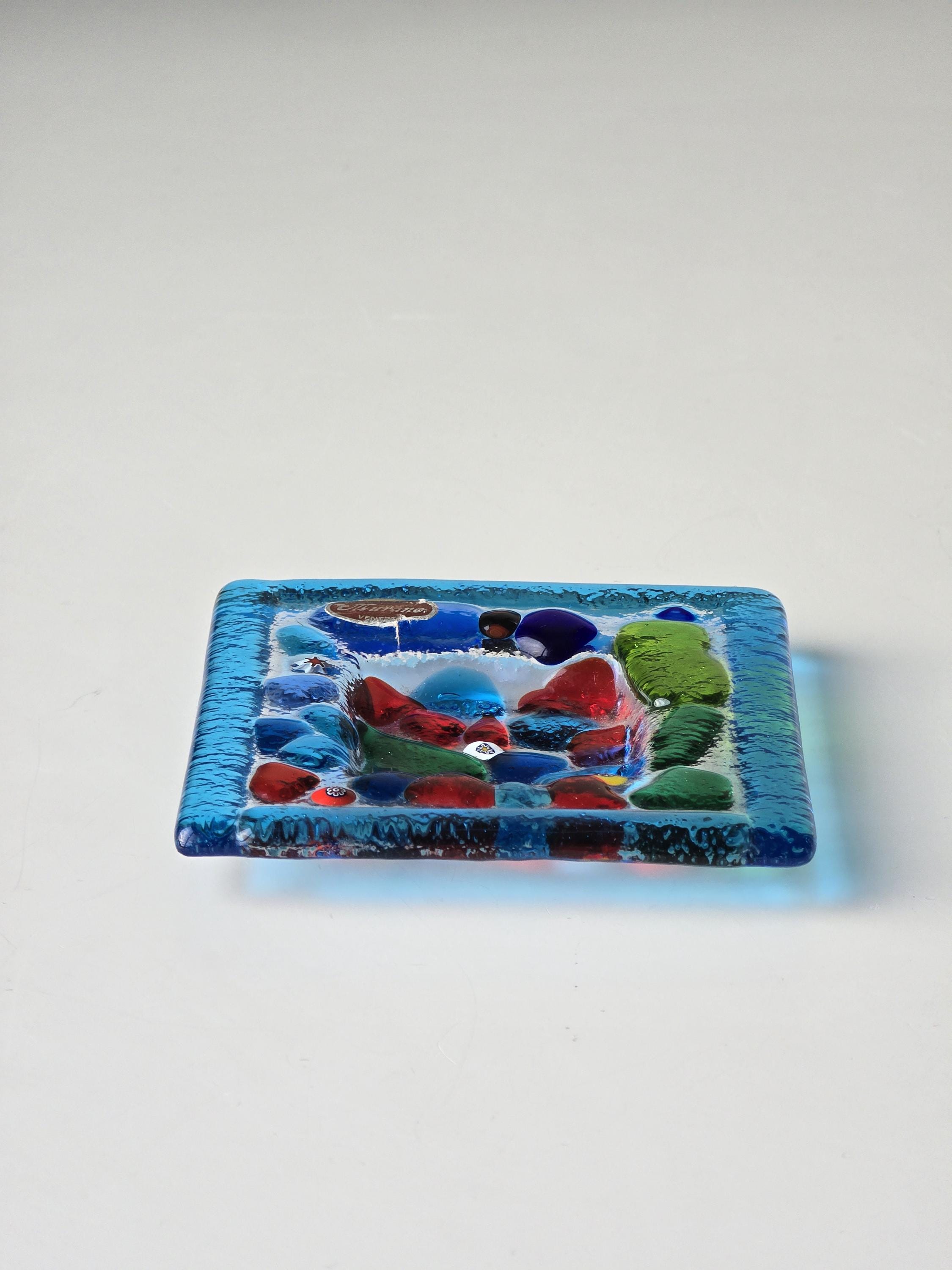 ヴィンテージ ムラーノ ガラス 装飾プレート/灰皿 - 鮮やかなマルチ