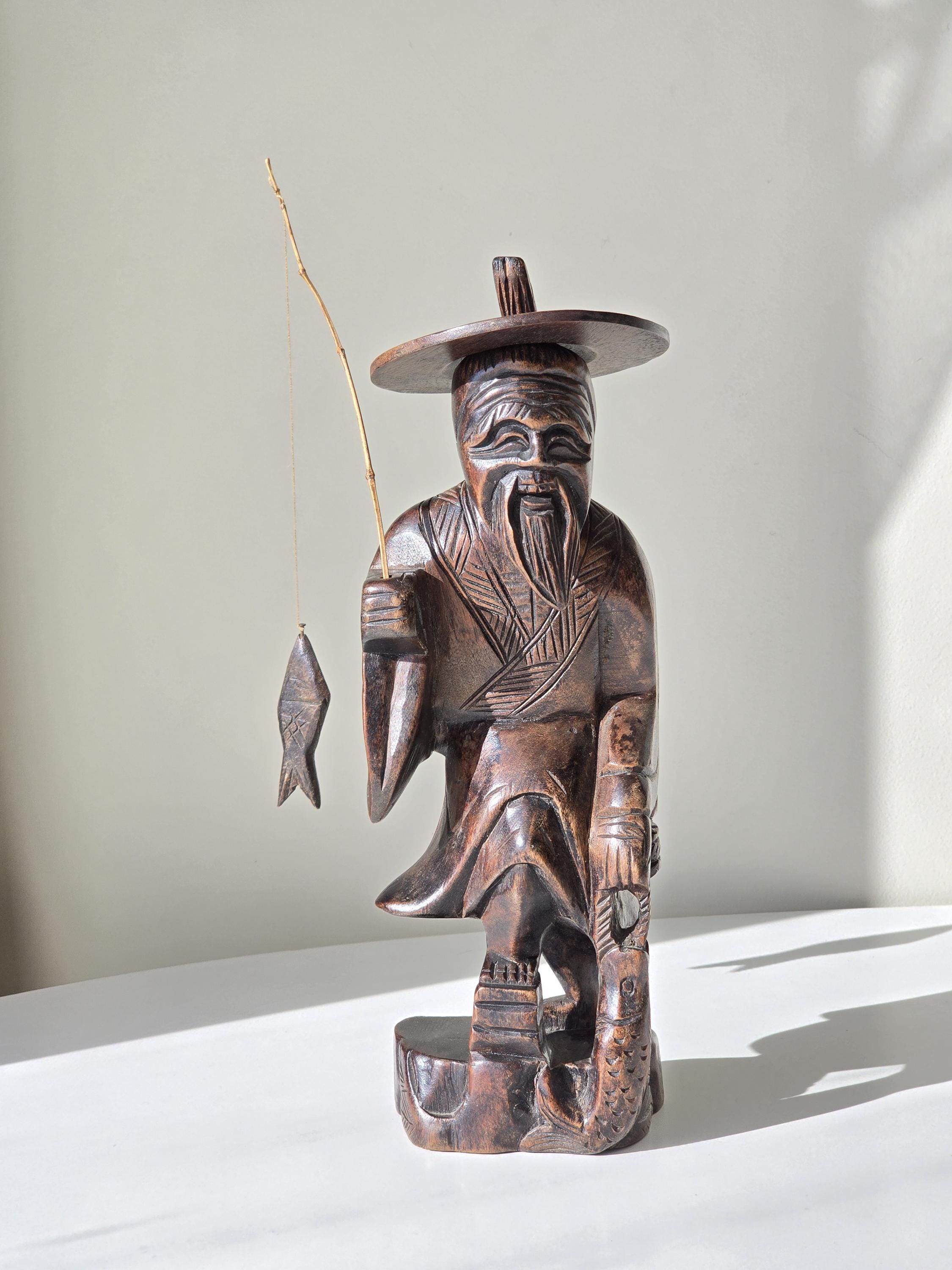 ヴィンテージ 中国 オリエンタル 日本 彫刻 木製 漁師 彫刻 Wooden Chinese Fisherman Carving - Etsy