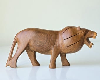 Vintage 1970s Hand-Carved Wooden Lion Figurine |