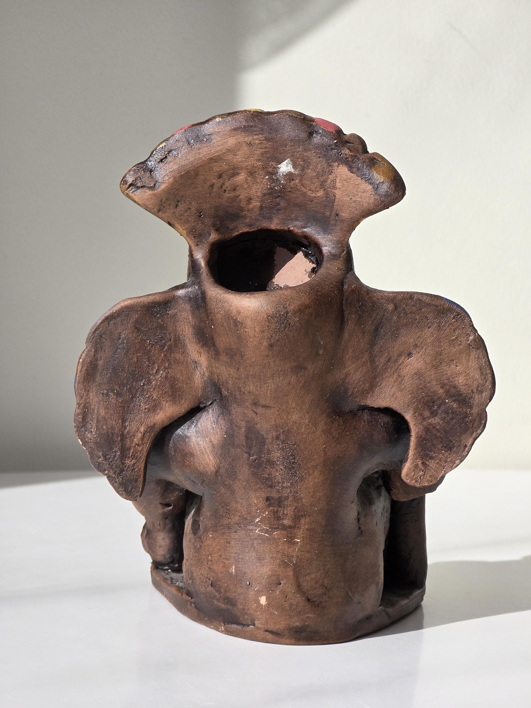 希少なヴィンテージメキシコ陶器製マヤ/アステカ戦士像 - フォーク