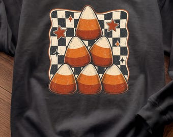 Candy Corn Shirt, Checkered Halloween Tee, Retro Candy Corn Season Sweatshirt, Cute Fall Vibes Women's Crewneck Sweatshirt
