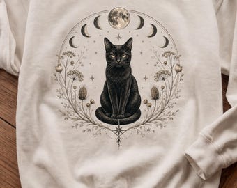 Black Cat Tarot Shirt, Botanical Familiar Tee, Vintage Witchy Sweatshirt, Comfort Colors