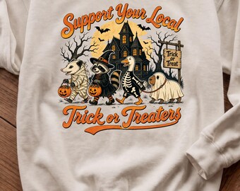 Support Your Local Trick or Treaters Shirt, Animal Halloween Costume Tee, Retro Vintage Sweatshirt, Cute Opossum Racoon Crewneck Sweatshirt