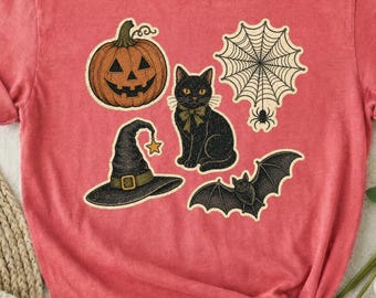 Halloween stickervel shirt, vintage iconen collage shirt, retro griezelig sweatshirt, Comfort Colors dames T-shirt, trendy herfstshirt