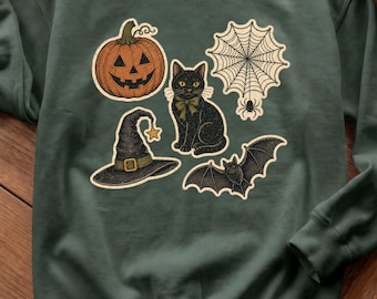 Halloween Sticker Sheet Shirt, Vintage Icon Collage Tee, Retro Spooky Sweatshirt, Cute Women's Fall Crewneck Sweatshirt