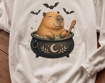 Capybara Cauldron Shirt, Stirring Up Some Peace Tee, Funny Halloween Sweatshirt, Cute Women's Fall Crewneck Sweatshirt